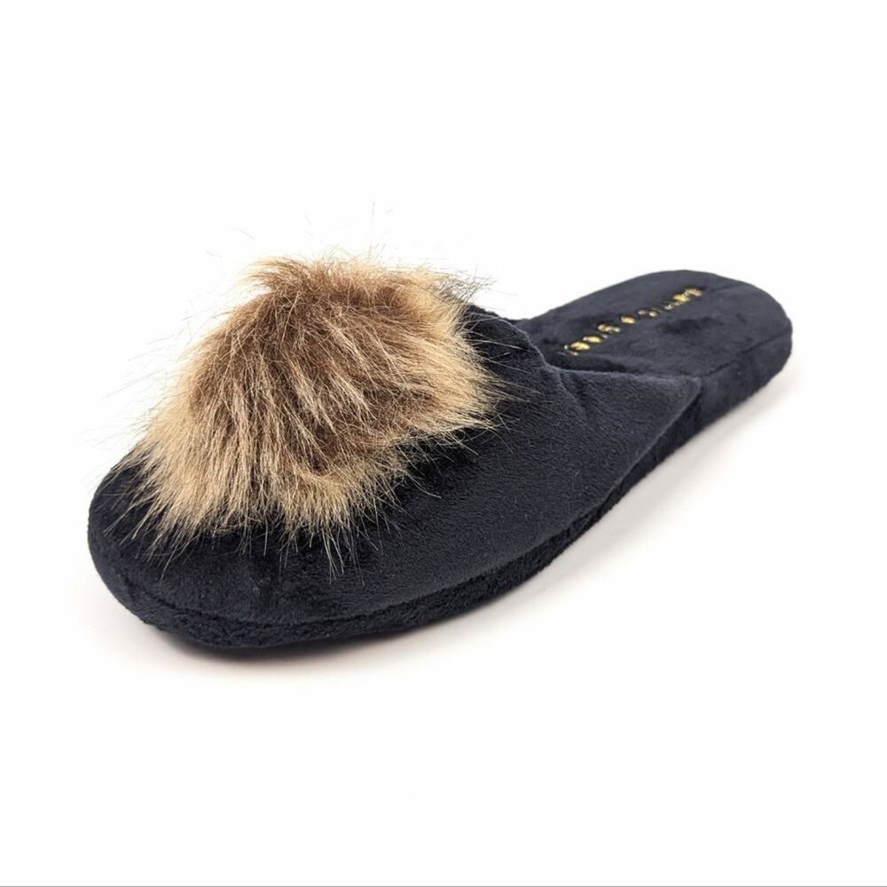 Patricia Green Pouf Slippers L Black Daisy Faux Fur Cozy Plush House Shoes